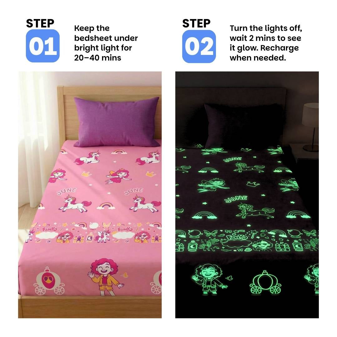 Famyo Glow Bedsheet - june the unicorn design for kids  - charge under light - magic at night