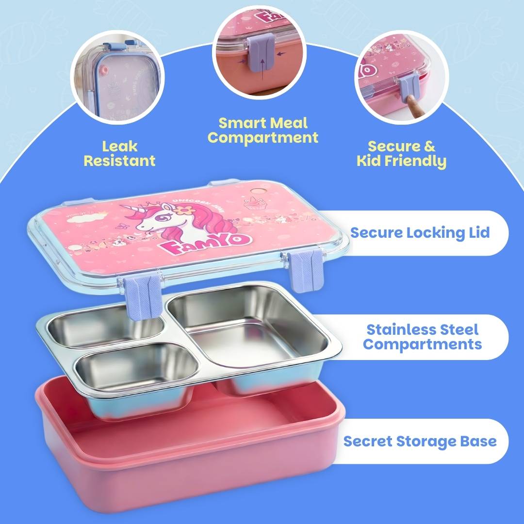 Famyo Bento Lunch box for kids - tffin box for school kids - leakproof, stainless steel, secret storage