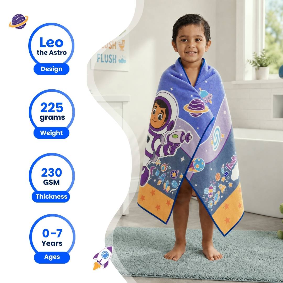 Famyo Leo the Astronaut Flat Towel for Kids made with premium microfiber fabric featuring quick dry technology, lightweight and travel friendly design, fade resistant print, soft and highly absorbent for bath, beach, swimming and everyday use.