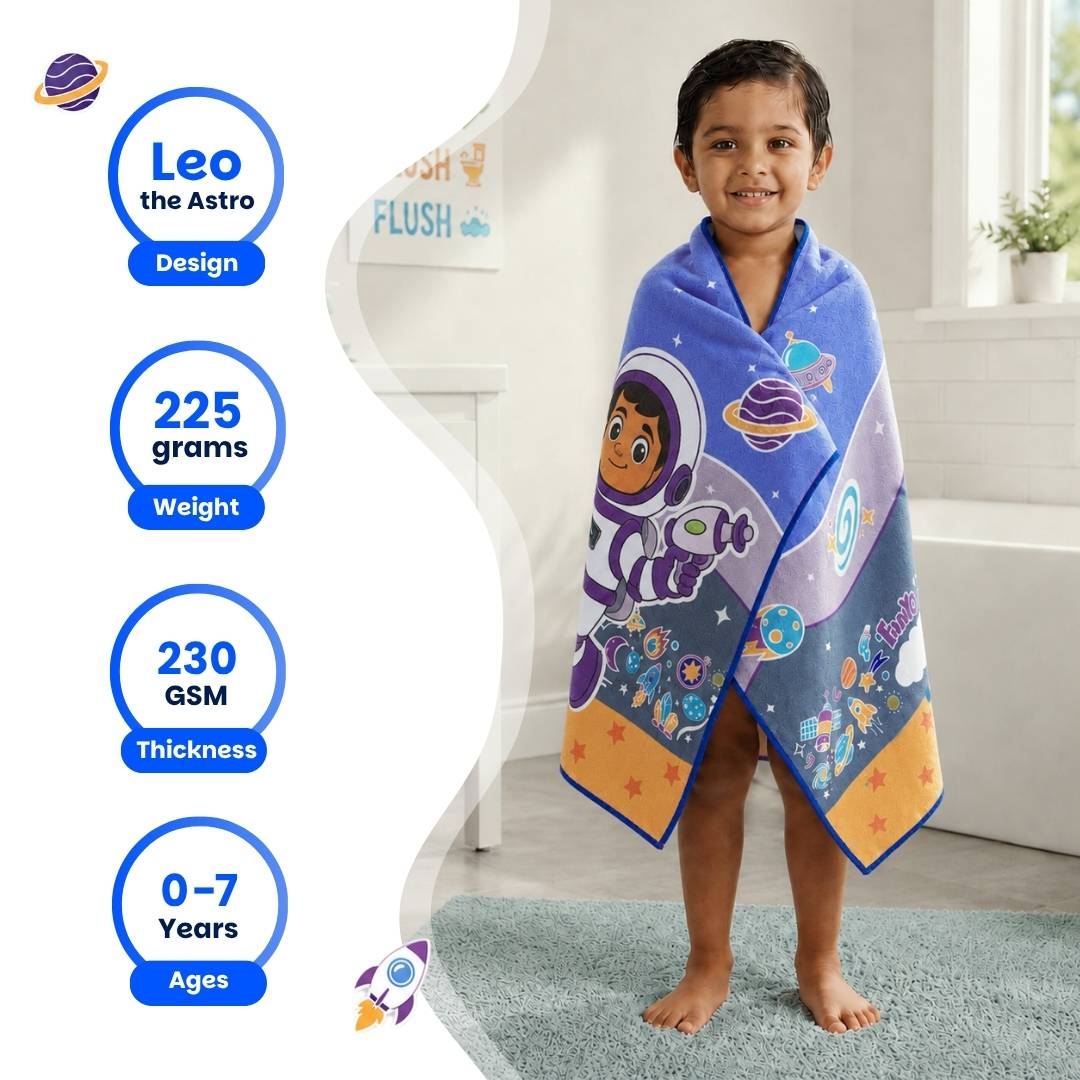 Famyo Leo the Astronaut Flat Towel for Kids made with premium microfiber fabric featuring quick dry technology, lightweight and travel friendly design, fade resistant print, soft and highly absorbent for bath, beach, swimming and everyday use.