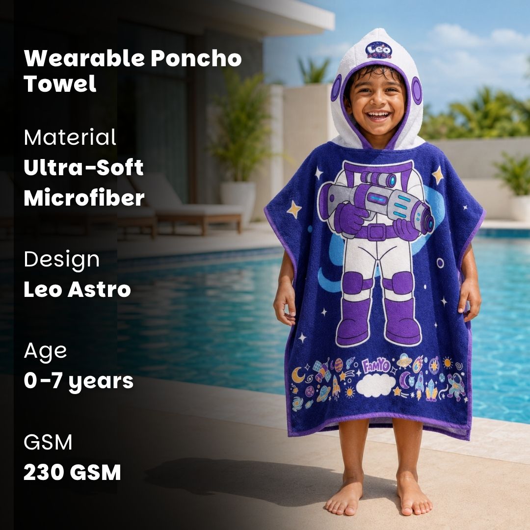 Dark Blue Astronaut hooded poncho towel for kids featuring ultra-soft quick-dry microfiber fabric, lightweight wearable design, attached hood, knee-length coverage, and ideal for bath, beach, pool, swimming, travel, and everyday use.