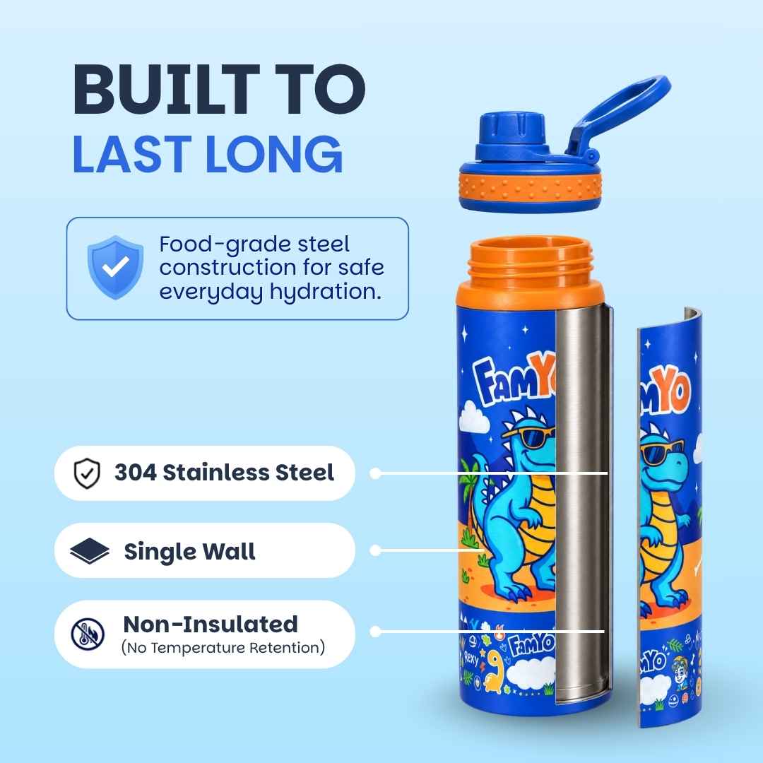 Kids stainless steel water bottle available in June the Unicorn, Rexy the Dinosaur, Leo the Astronaut, Dark Blue Astronaut, and Lavender Unicorn designs, featuring a 900 ml capacity, ideal for school, travel, and everyday hydration.