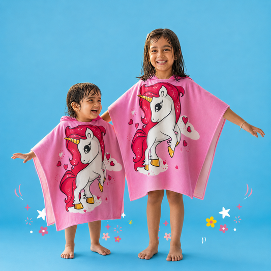 Pink Unicorn Hooded Poncho Towels for Kids, Set of 2 | Quick-Dry, Highly Absorbent Microfiber Bath Towel