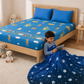 Dark Blue Astronaut Glow Blanket & Rexy the Dino Glow Bedsheet Set for Kids | 4 PC Glow in the Dark Bedding Set | Queen Size Blanket & King Size Bedsheet