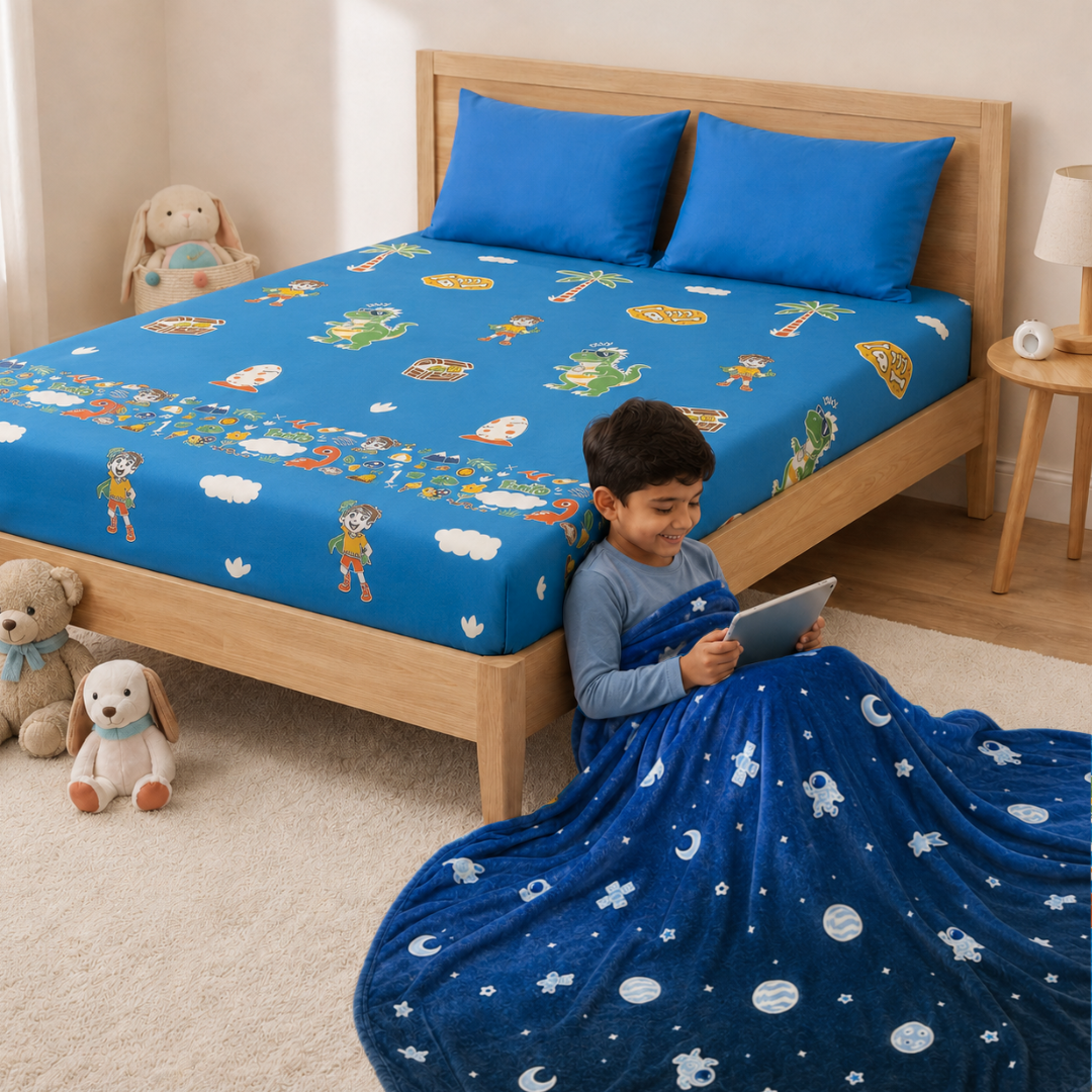 Dark Blue Astronaut Glow Blanket & Rexy the Dino Glow Bedsheet Set for Kids | 4 PC Glow in the Dark Bedding Set | Queen Size Blanket & King Size Bedsheet