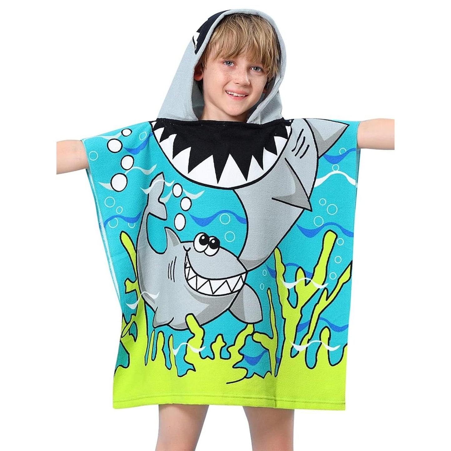 Cute Shark Poncho Towel for Kids | Hooded Beach Bath Towels for Boys & Girls | 60 x 60cm Toddler Pool Towel with Hood