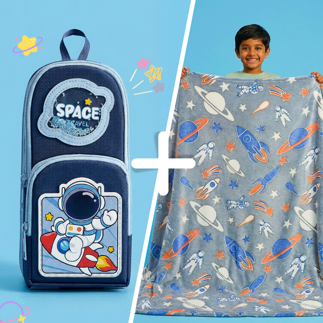 Famyo Gift Set – Rocket Spaceship Glow Blanket + Blue Space Pencil Pouch for Kids
