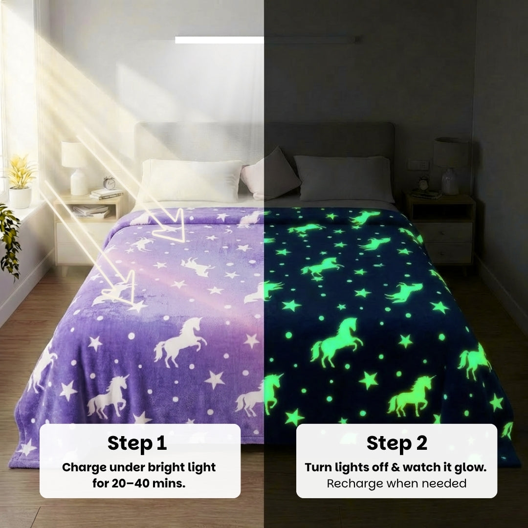 Purple Unicorn Glow Blanket | Soft Flannel AC Blanket for All-Season | Perfect Gift for Kids