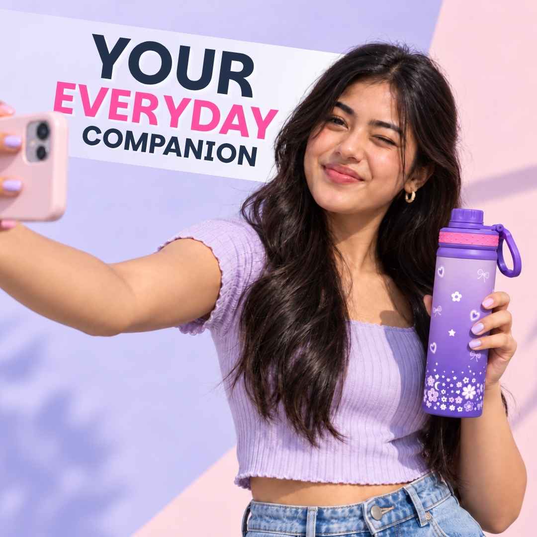 Kids stainless steel water bottle available in June the Unicorn, Rexy the Dinosaur, Leo the Astronaut, Dark Blue Astronaut, and Lavender Unicorn designs, featuring a 900 ml capacity, ideal for school, travel, and everyday hydration.