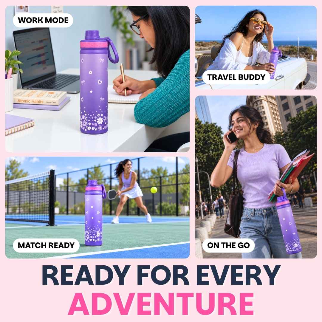 Kids stainless steel water bottle available in June the Unicorn, Rexy the Dinosaur, Leo the Astronaut, Dark Blue Astronaut, and Lavender Unicorn designs, featuring a 900 ml capacity, ideal for school, travel, and everyday hydration.