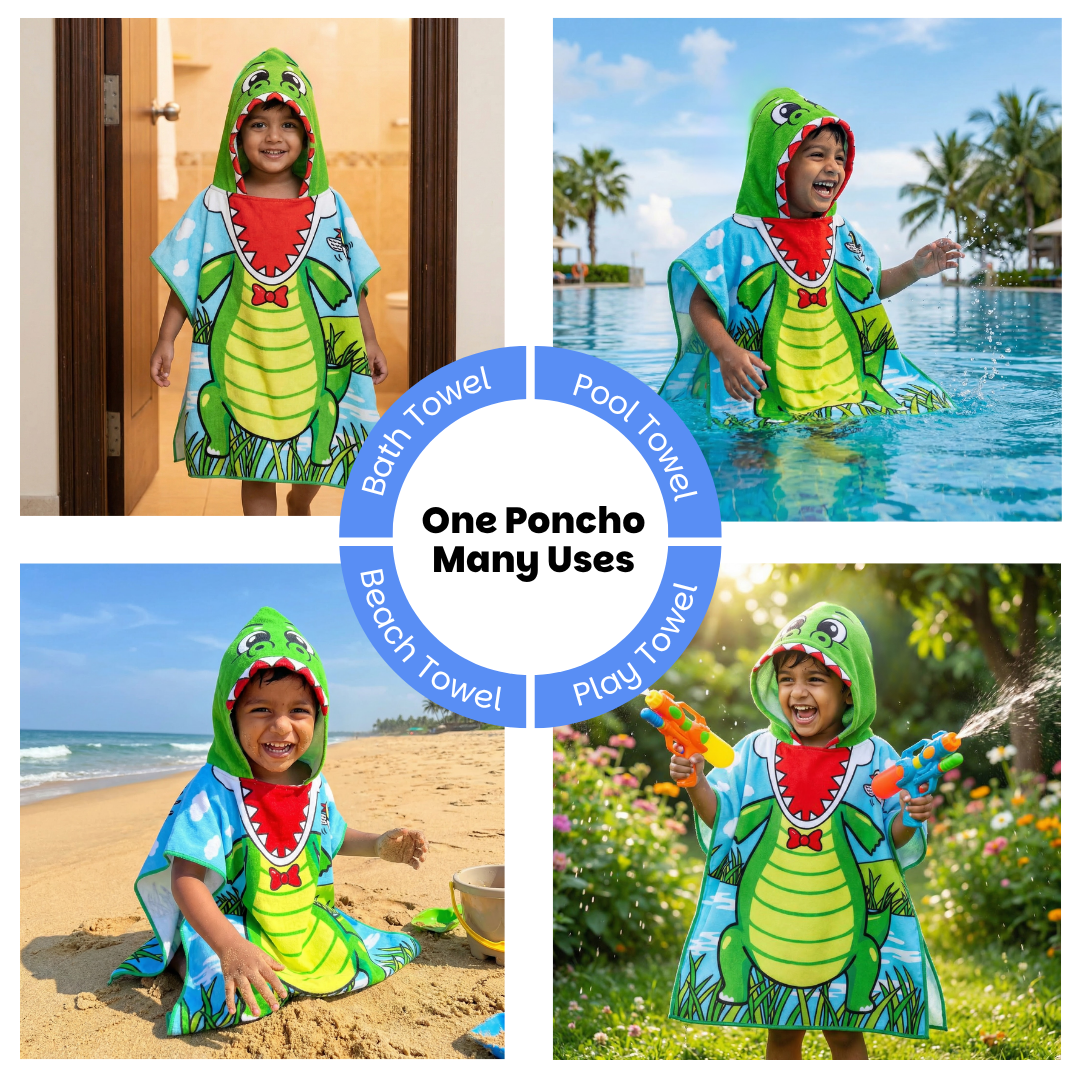 Crocodile Poncho Bath Towel for Kids, 1-7 years, 60 x 60cm | 100% Cotton, Skin-Friendly Microfiber Hooded Toddler Pool Towel | Quick-Drying, Water Absorbing, Full-Size Bathrobe