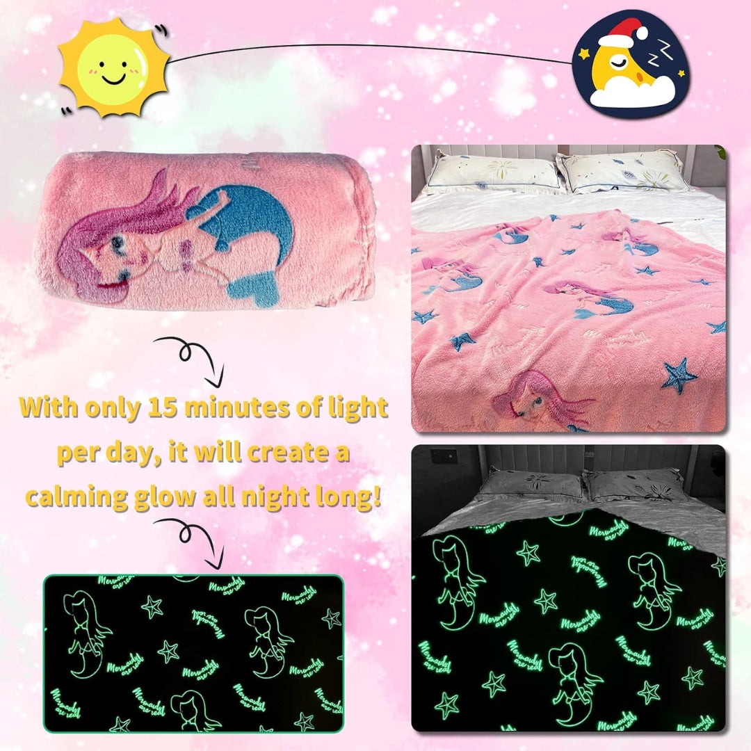 Mermaid Glow in The Dark Blanket for Kids | 200 x 152cm, 0-15 Years, Queen Size Flannel Blanket | Birthday Gift for Kids Bed, Sofa, or Couch