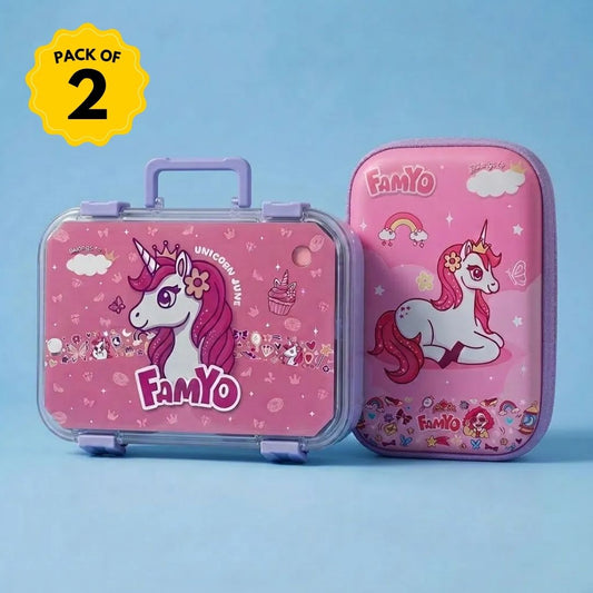 Famyo June Unicorn School Essentials Kit for Kids | Bento Lunch Box + Pencil Pouch Combo | Leakproof 3-Compartment Tiffin Box & Hard Shell Pencil Case