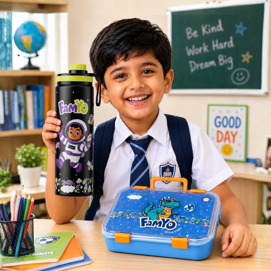 Famyo rexy the dinosaur bento lunch box and leo the astronaut water bottle combo for kids 