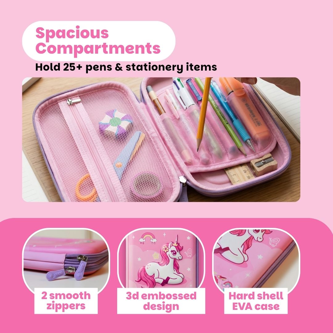 Famyo School essential -  Unicorn Pencil Pouch - 2 smooth zippers, 3d embossed design, hard shell eva case