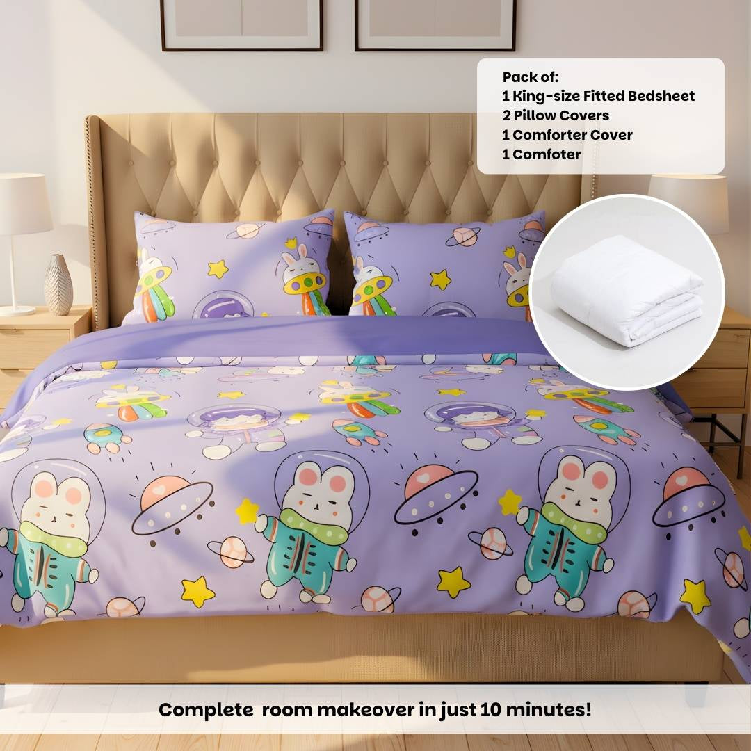 Purple Astronaut 250TC King Bed Sheet Set (Set of 4 or Set of 5)