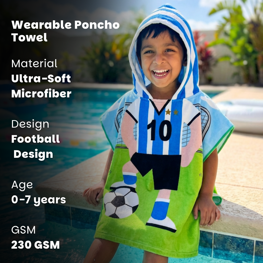 Football Poncho Towel for Kids | Hooded Bath Towels for Boys & Girls | 60 x 60cm Toddler Pool Towel with Hood, 1-7 years