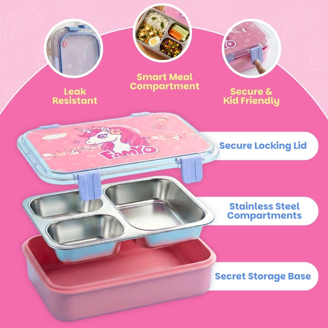 Famyo School essential - Unicorn Bento Lunch Box - leakproof, 3 compartments and secure and kid-friendly design