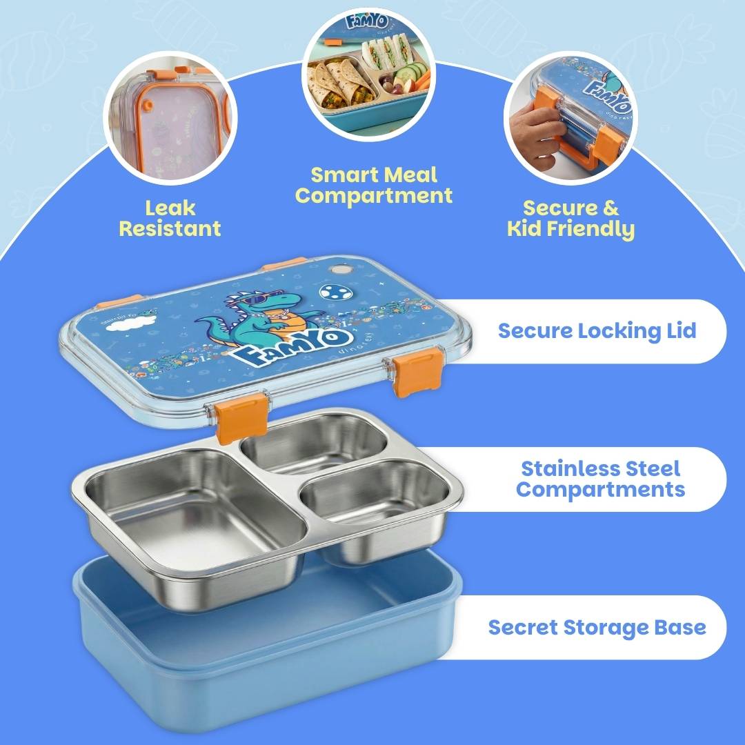 famyo rexy the dino bento lunch box leak resistant, smart meal compartment, secure and kid-friendly. 