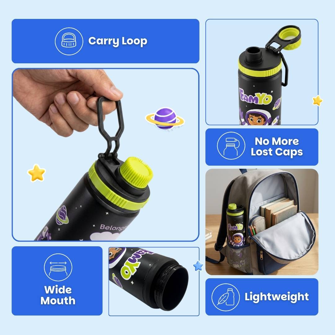 famyo leo the astronaut - carry loop, no more lost caps, wide mouth and lightweight