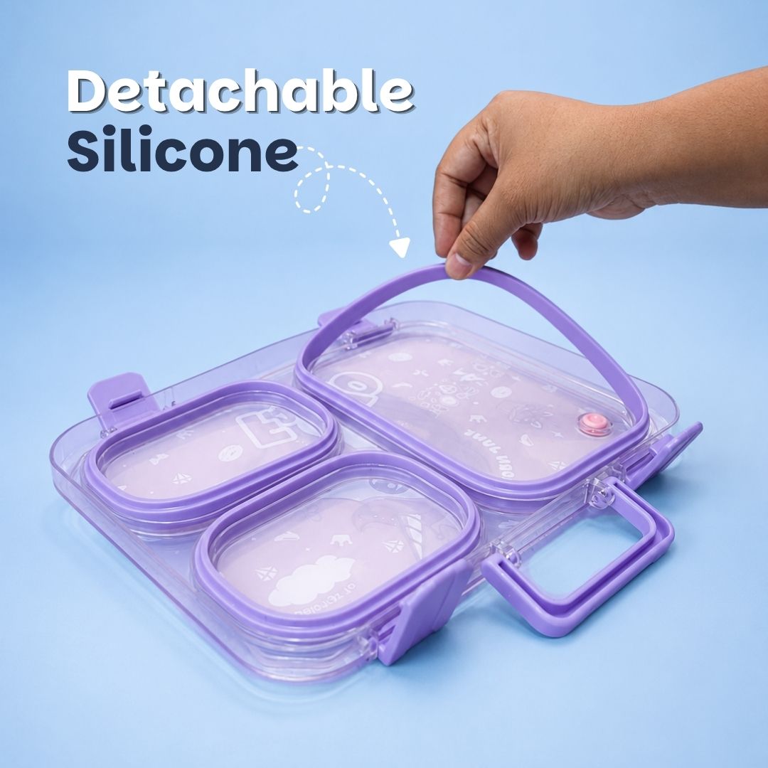 June the Unicorn bento lunch box for kids featuring 3 stainless steel compartments, 800 ml leakproof design, BPA-free outer body, child-friendly locking clips, organised meal storage, and perfect for school lunches, travel, daycare, and everyday use.
