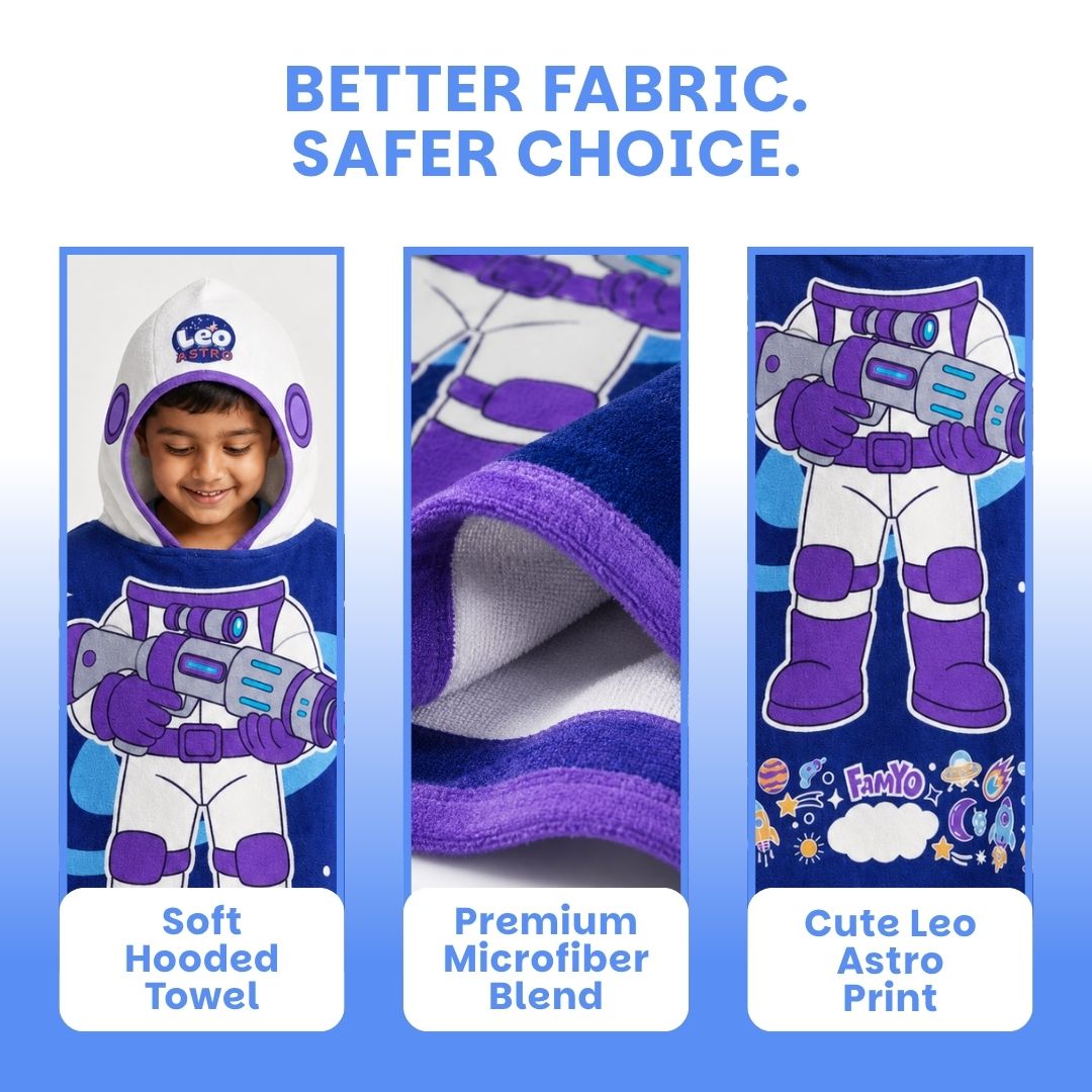 Dark Blue Astronaut hooded poncho towel for kids featuring ultra-soft quick-dry microfiber fabric, lightweight wearable design, attached hood, knee-length coverage, and ideal for bath, beach, pool, swimming, travel, and everyday use.