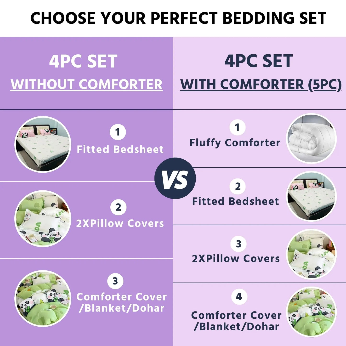 Famyo's Bedding set: 4PC set without comforter VS 4PC set with comforter(5PC) in green panda