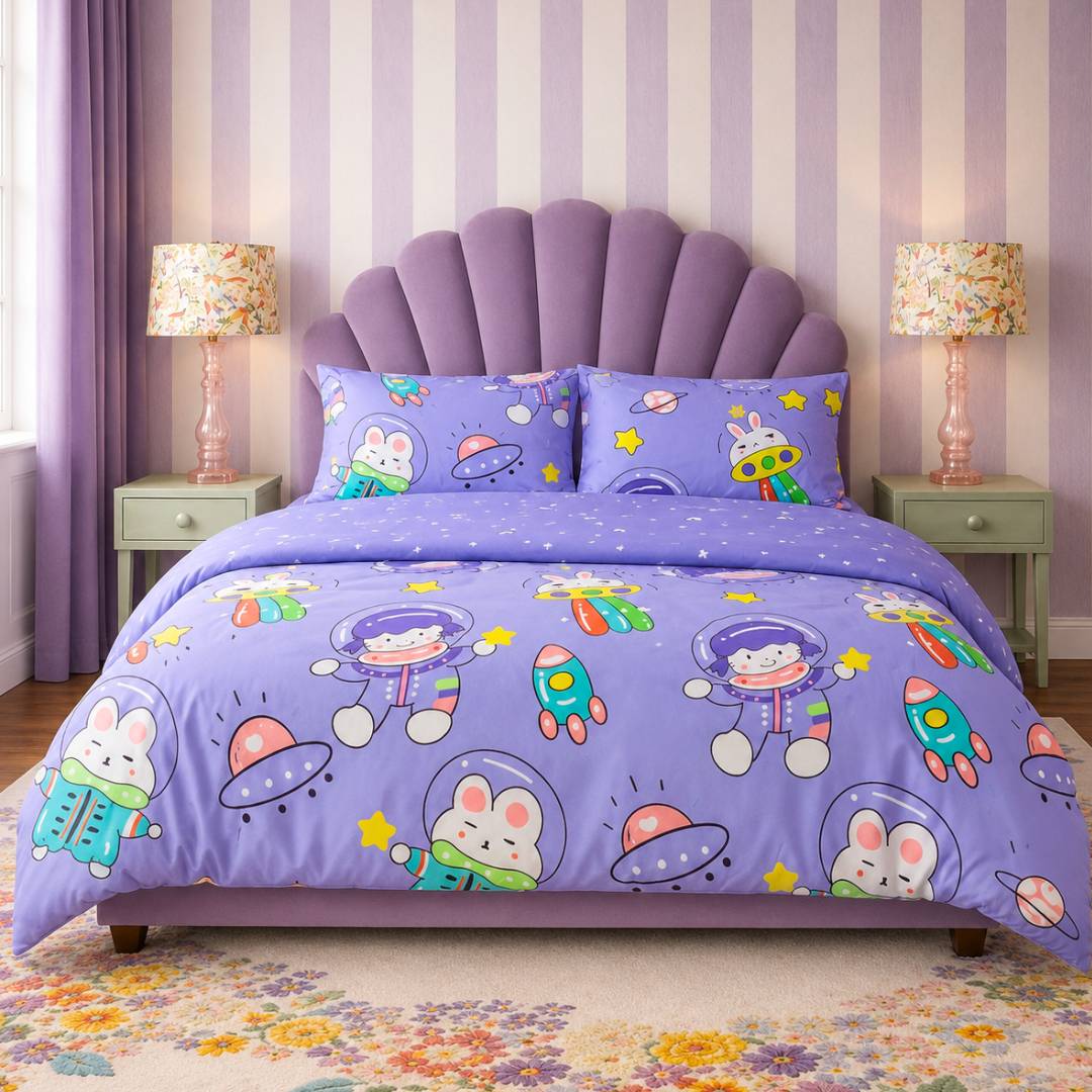 Purple Astronaut King Size AC Comforter Set | 4 & 5 Piece Options | 250 TC Cotton Fitted Bedsheet | 150 GSM Lightweight All-Season Bedding Set with Pillow Covers