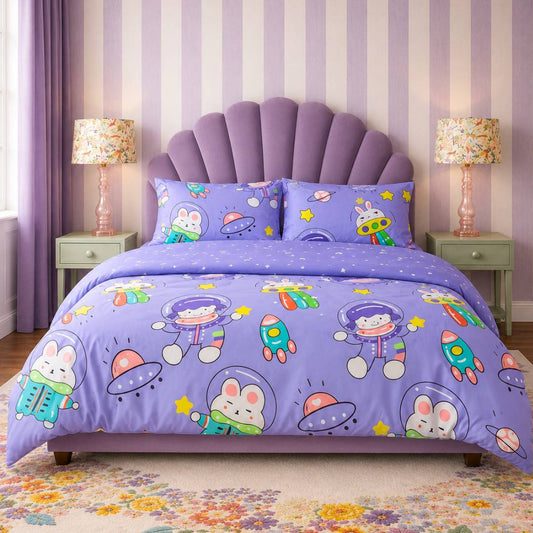 Purple Astronaut King Size AC Comforter Set | 4 & 5 Piece Options | 250 TC Cotton Fitted Bedsheet | 150 GSM Lightweight All-Season Bedding Set with Pillow Covers