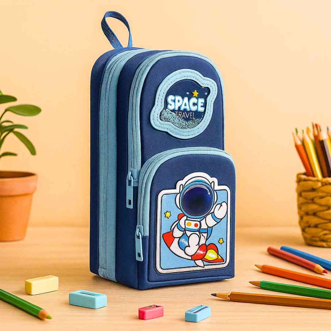 Famyo Blue Space Pencil Pouch for Kids – 3-Compartment Zipper Pouch for School Kids Famyo Shop WH