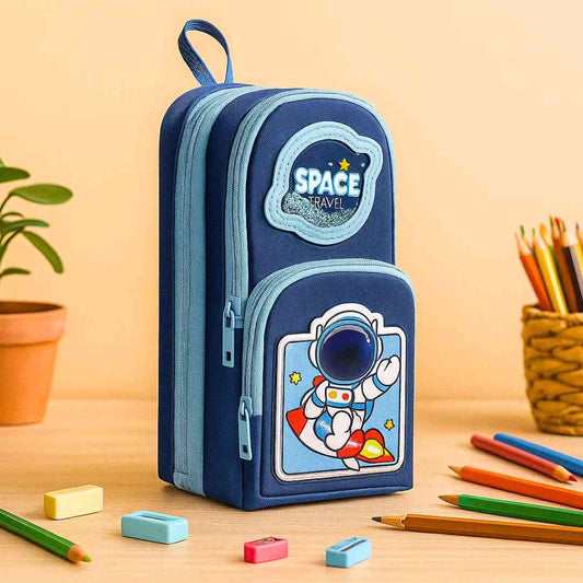 Famyo Blue Space Pencil Pouch for Kids – 3-Compartment Zipper Pouch for School Kids Famyo Shop WH