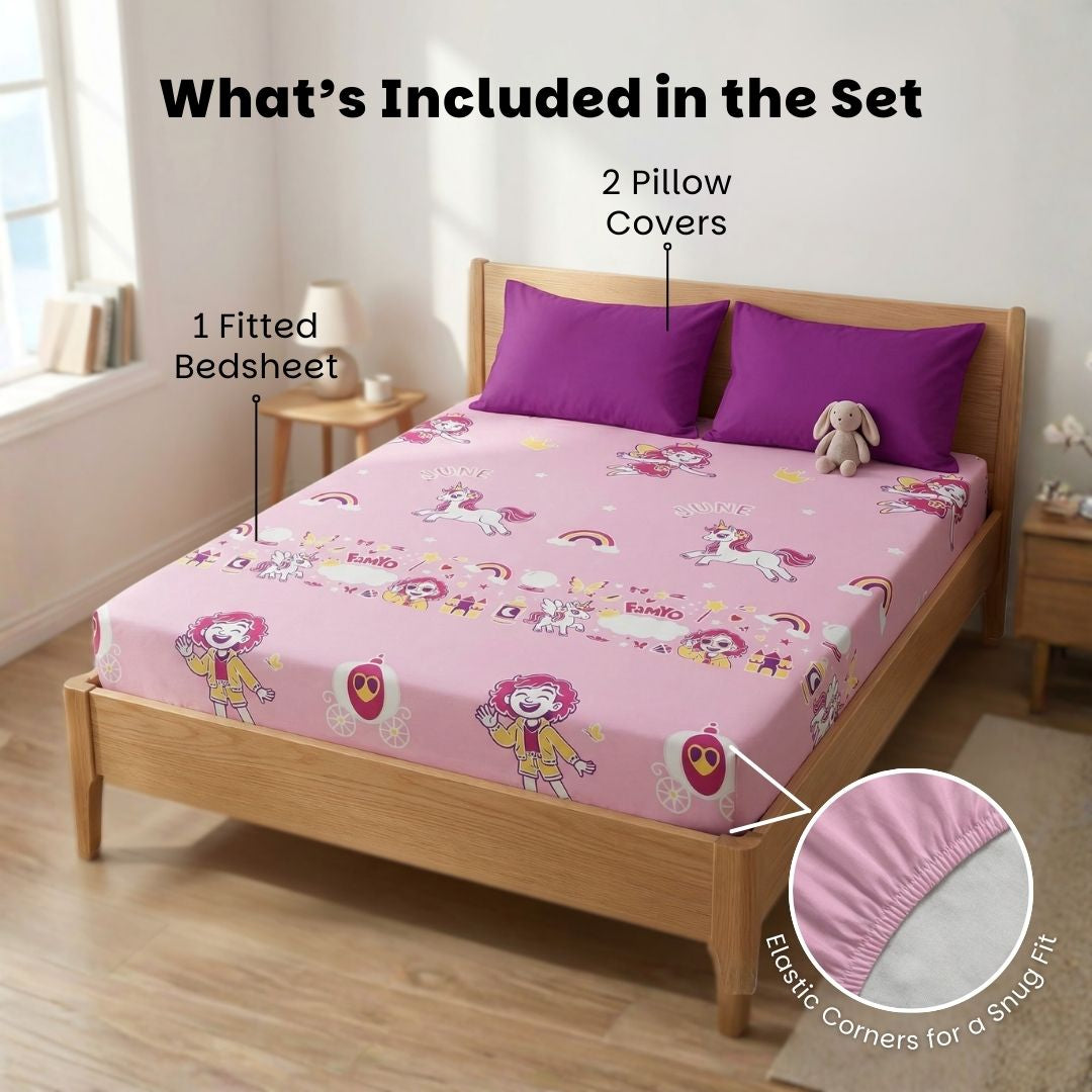 Famyo June the Unicorn Glow Bedsheet for Kids – King Size Fitted Bedsheet Set | Glow Maxx Series | Premium Microfiber (300 TC)