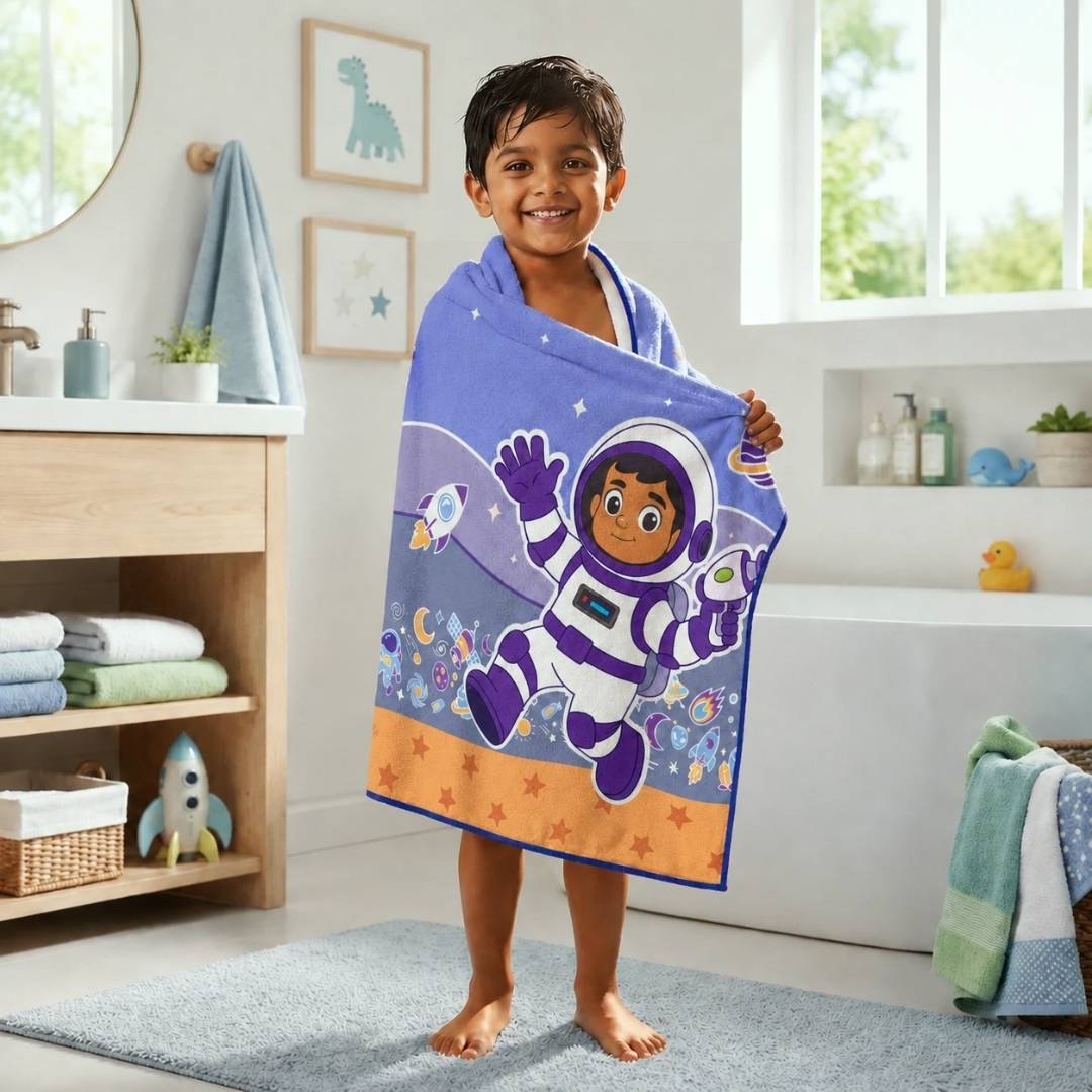 Famyo Leo the Astronaut Flat Towel for Kids made with premium microfiber fabric featuring quick dry technology, lightweight and travel friendly design, fade resistant print, soft and highly absorbent for bath, beach, swimming and everyday use.