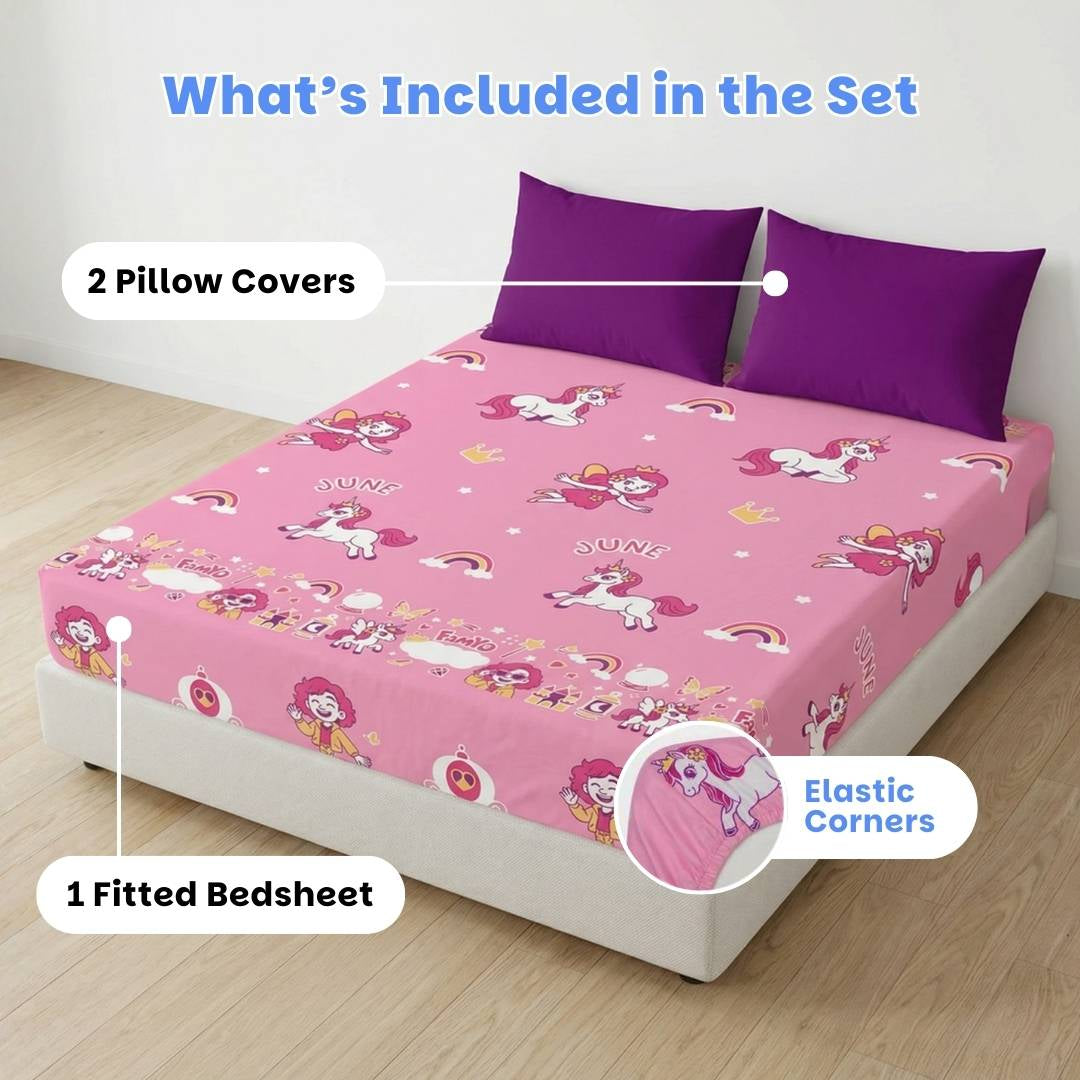 Famyo Glow Bedsheet - june the unicorn design for kids  - 2 pillow covers - 1 bedsheet - fitted edges