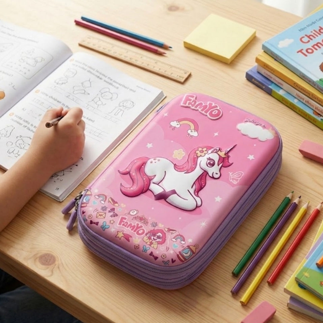 Famyo Pink pencil case with unicorn design for kids school stationery organisation