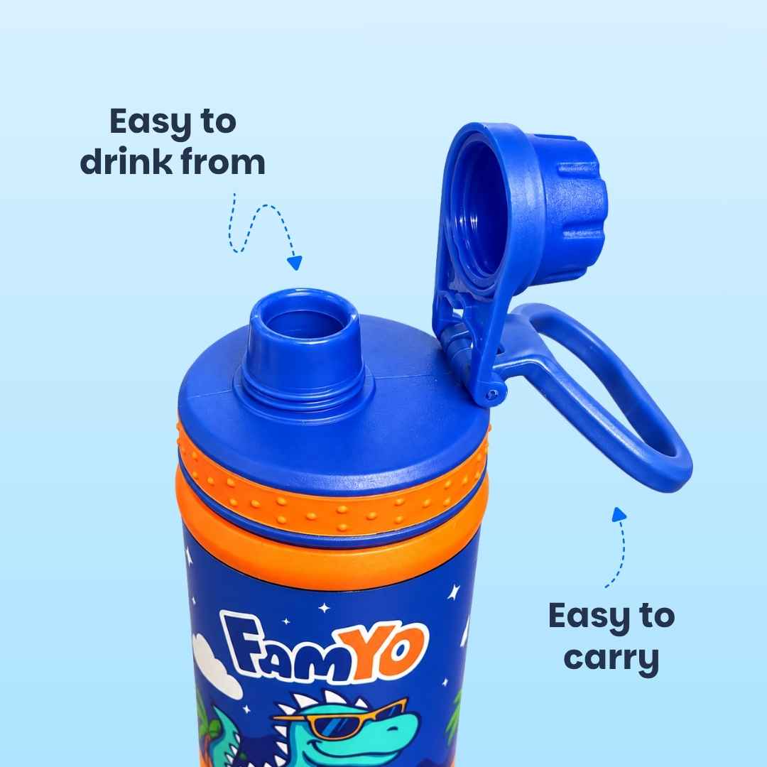Kids stainless steel water bottle available in June the Unicorn, Rexy the Dinosaur, Leo the Astronaut, Dark Blue Astronaut, and Lavender Unicorn designs, featuring a 900 ml capacity, ideal for school, travel, and everyday hydration.