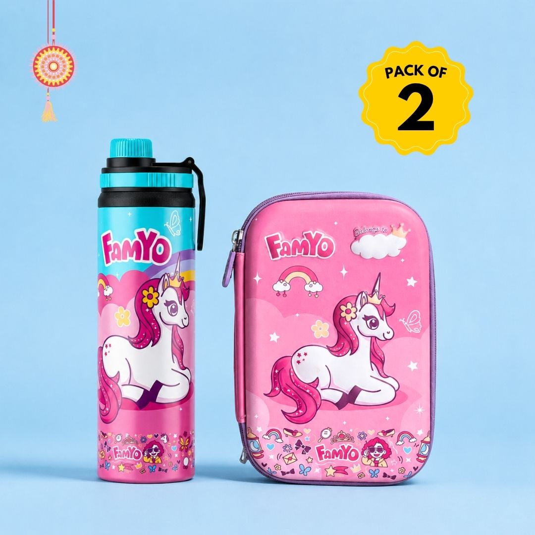 June the Unicorn water bottle and hard shell pencil pouch combo for kids featuring a 900 ml stainless steel water bottle and durable school pencil case, ideal for school, travel, and everyday use.