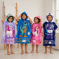 Purple June the Unicorn, Rexy the Dino, June the Unicorn, and Dark Blue Astronaut hooded poncho towel set of 4 for kids, featuring soft quick-dry microfiber towels for bath time, swimming, beach trips, pool days, and travel.