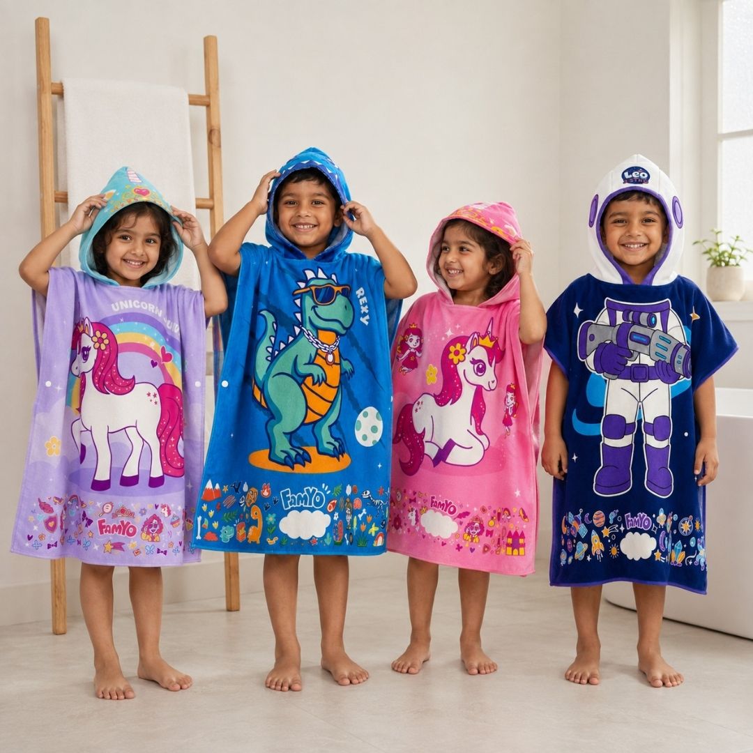 Purple June the Unicorn, Rexy the Dino, June the Unicorn, and Dark Blue Astronaut hooded poncho towel set of 4 for kids, featuring soft quick-dry microfiber towels for bath time, swimming, beach trips, pool days, and travel.