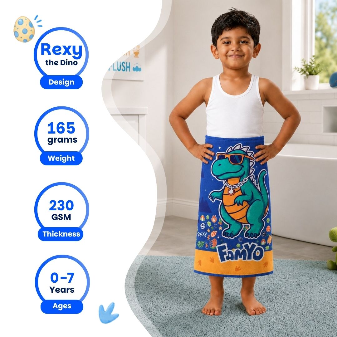 Rexy the Dino kids towel featuring soft quick-dry terry fabric, lightweight absorbent design, 70 × 140 cm size, and ideal for bath, beach, pool, swimming, travel, and everyday use.