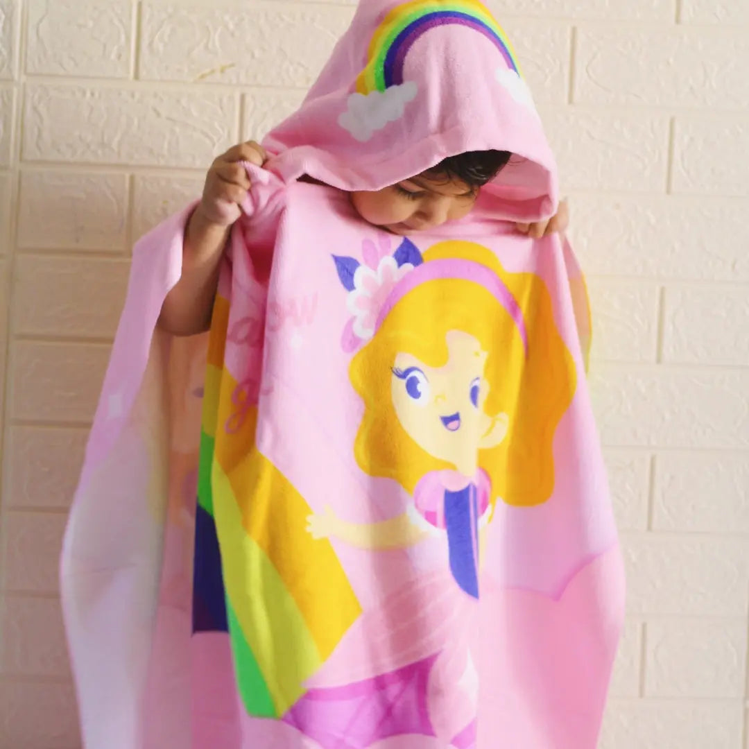 Princess Rainbow Girl Poncho Bath Towel for Kids, 1-7 years | Quick-Drying Microfiber Kids Towel Famyo Shop WH