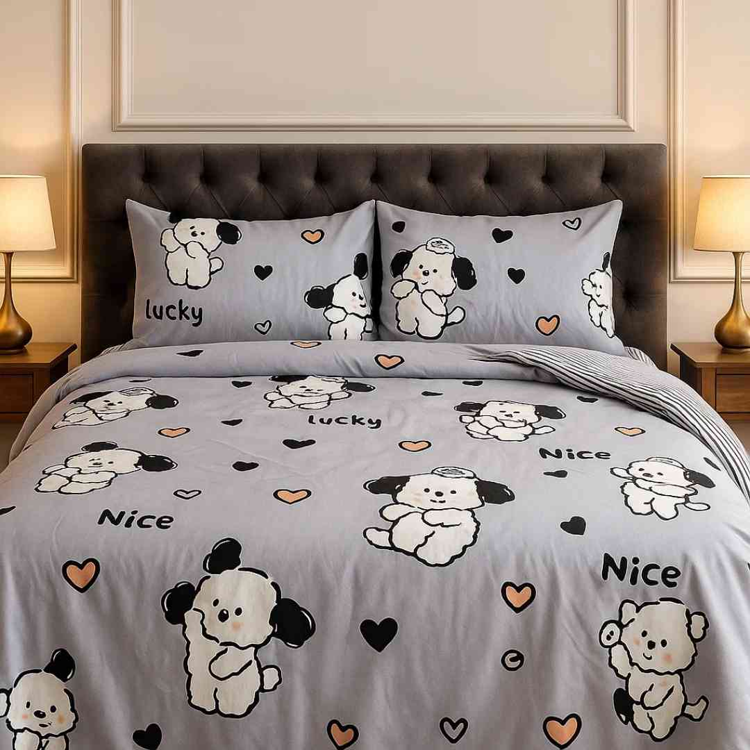 5pc Kids Bed Set – Queen Size Fitted Bedsheet , Comforter Cover, 2 Pillow Covers & Comforter | Cute Puppy & Flowers Famyo Shop WH