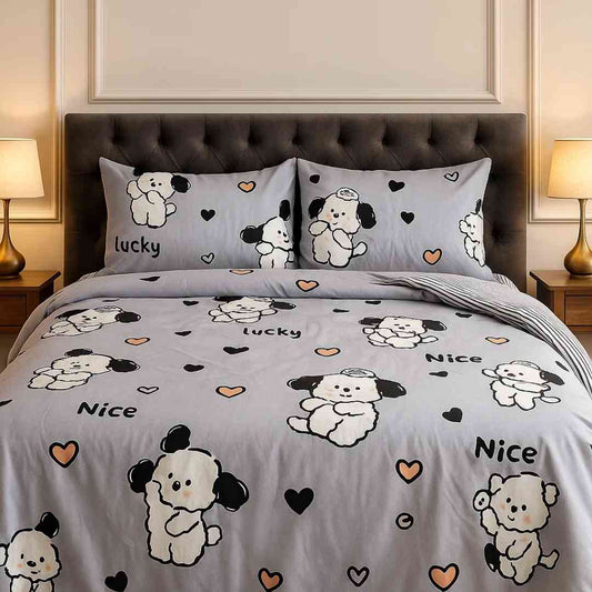 5pc Kids Bed Set – Queen Size Fitted Bedsheet , Comforter Cover, 2 Pillow Covers & Comforter | Cute Puppy & Flowers Famyo Shop WH