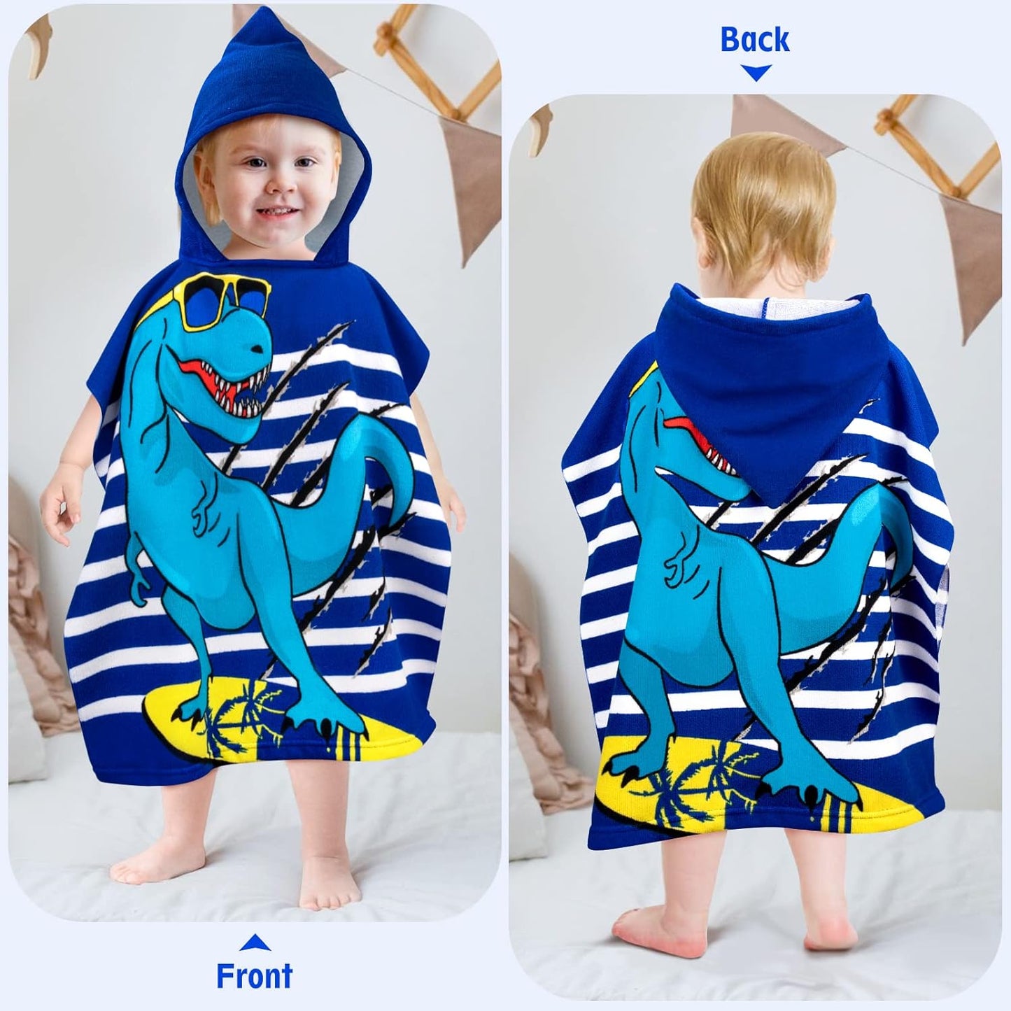 Cool Blue Dino Poncho Towel for Kids | Hooded Bath Towels for Boys & Girls | 60 x 60cm Toddler Pool Towel with Hood, 1-7 years