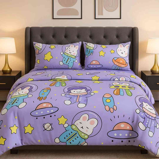 Purple Astronaut 250TC King Bed Sheet Set (Set of 4 or Set of 5) Famyo