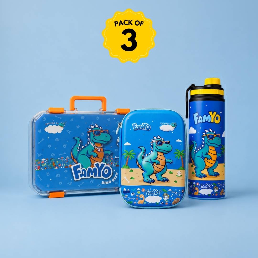 Pack of 3 Famyo dinosaur-themed lunch box, water bottle, and pencil pouch by Faymo
