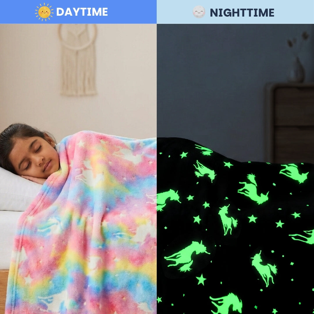 Pink Unicorn Glow in The Dark Blanket for Kids | 200 x 152cm, 3-18 Years, Queen Size Flannel Blanket/ Glow Blanket | Birthday Gift for Kids Bed, Sofa, or Couch