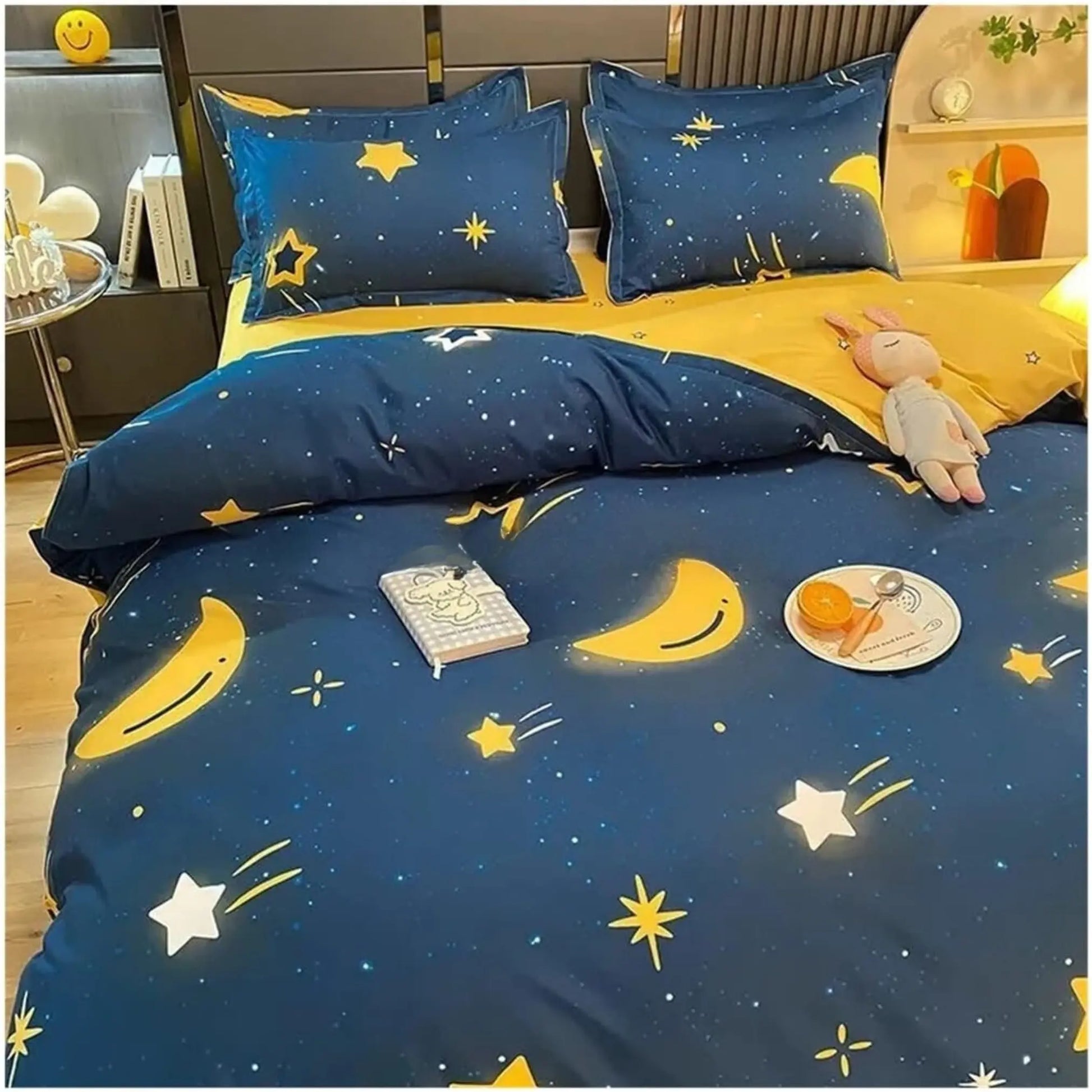 Famyo's Moon and Stars Queen-size bedsheet, King size comforter, and pillow covers spread out for Kids room Decor