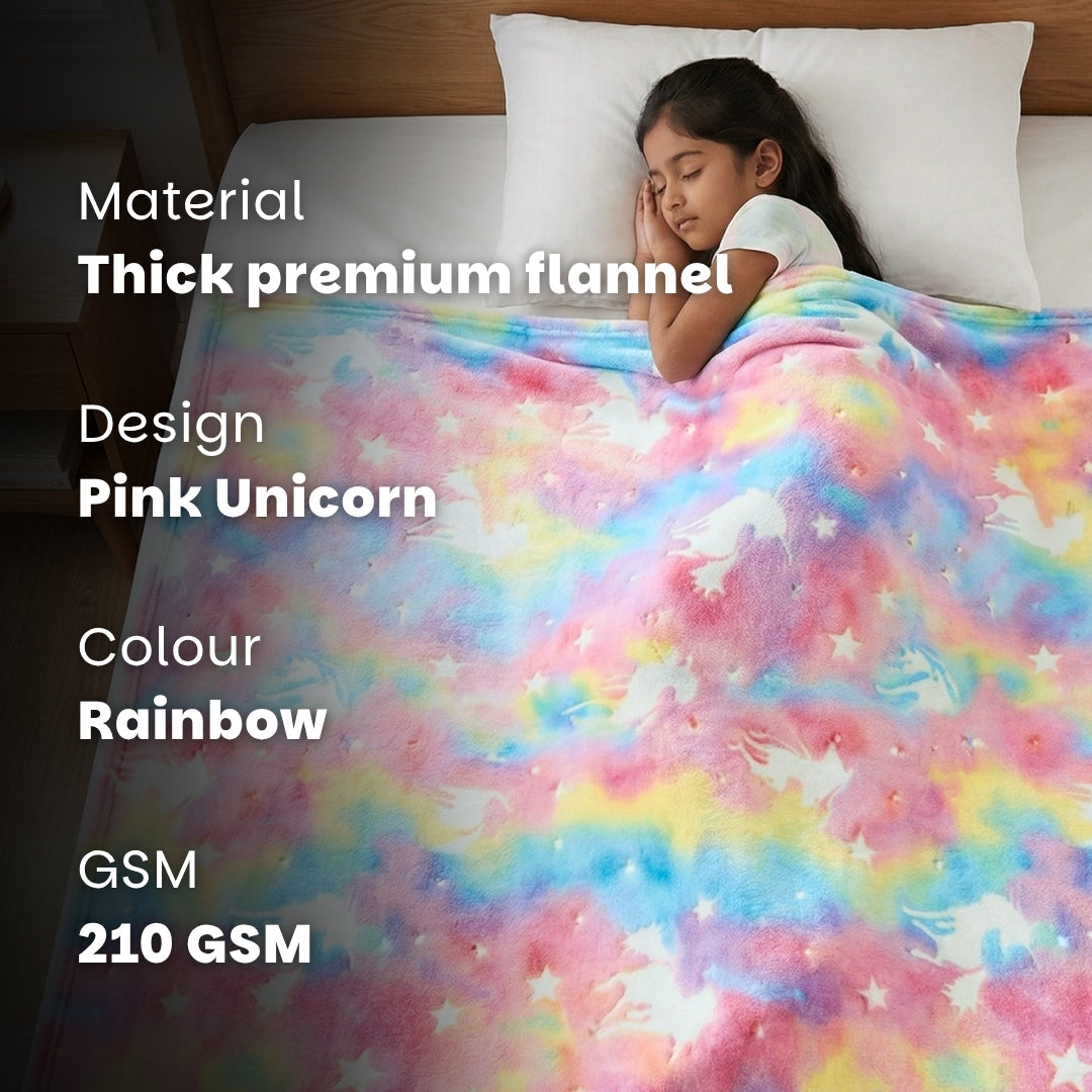 Pink Unicorn Glow in The Dark Blanket for Kids | 200 x 152cm, 3-18 Years, Queen Size Flannel Blanket/ Glow Blanket | Birthday Gift for Kids Bed, Sofa, or Couch 