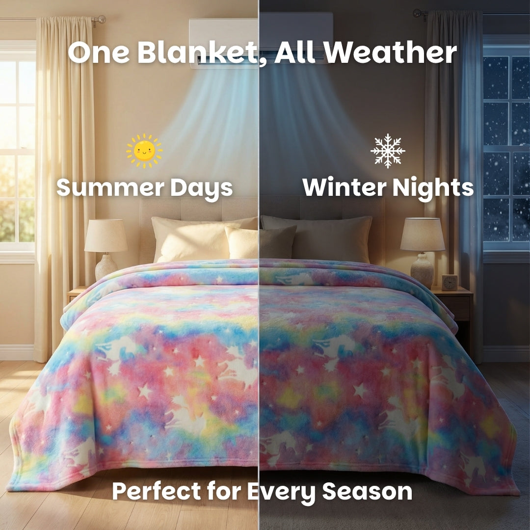 Pink Unicorn Glow in The Dark Blanket for Kids | 200 x 152cm, 3-18 Years, Queen Size Flannel Blanket/ Glow Blanket | Birthday Gift for Kids Bed, Sofa, or Couch - all season blanket for kids